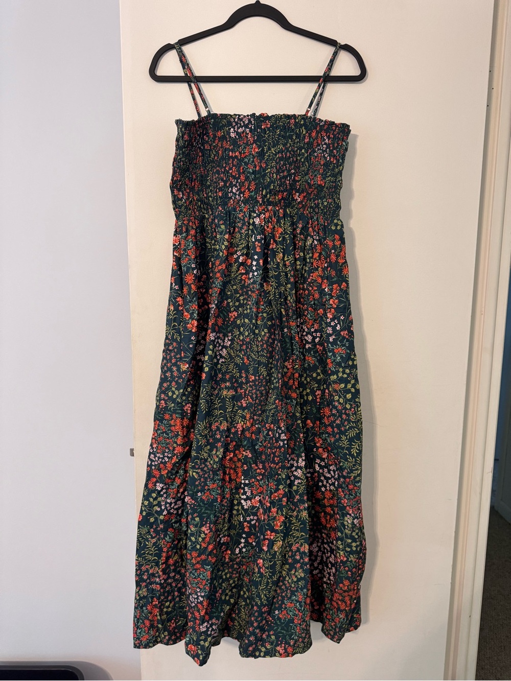 LOFT Dark Green Floral Smocked Maxi Dress with Red Accents